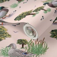 Modern Mallard Ducks, Toile De Jouy Countryside, Contemporary Duck Family, Whimsical Wildlife Illustration, Painterly Birds in Flight, Painted Oak Trees & Grasses, Whimsical Wildlife, Bird Illustration, Whimsical Farmhouse Décor on Rose Pink and Garden