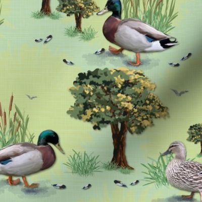 Whimsical Wildlife Illustration, Tranquil Countryside Retreat, Rose Quartz and Saffron Yellow Wildlife Illustration, Emerald Green Farmhouse Style, Artistic Cottagecore Painted Scene, Cute Waddling Ducks, Farmyard Ducks, Scattered Bird feathers, Oak Trees