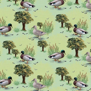 Whimsical Wildlife Illustration, Tranquil Countryside Retreat, Rose Quartz and Saffron Yellow Wildlife Illustration, Emerald Green Farmhouse Style, Artistic Cottagecore Painted Scene, Cute Waddling Ducks, Farmyard Ducks, Scattered Bird feathers, Oak Trees