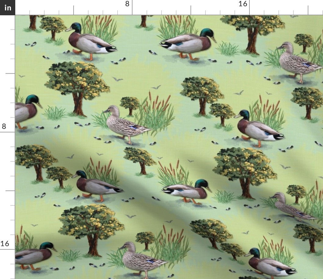 Whimsical Wildlife Illustration, Tranquil Countryside Retreat, Rose Quartz and Saffron Yellow Wildlife Illustration, Emerald Green Farmhouse Style, Artistic Cottagecore Painted Scene, Cute Waddling Ducks, Farmyard Ducks, Scattered Bird feathers, Oak Trees