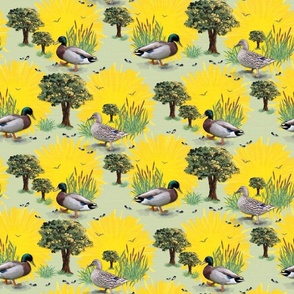Sunshine Yellow Ducks, Living Room Armchair Upholstery Pattern, Colorful Shower Curtain Design, Modern Farmhouse Table Runner, Whimsical Duckling Painterly Birds Decor, Contemporary Wildlife Fabric, Vibrant Countryside Landscape Mural, Oak Trees, Grasses,