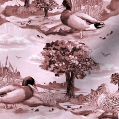 Calming Nature Artwork, Kitchen Pantry Decor, Sweet Ducklings, Oak Tree Illustration, Modern Mallard Ducks Toile De Jouy, Fabric for Curtains, Textured Bird Meadow Pattern, Whimsical Wildlife Illustration, Warm Brown Burnt Umber Bedrooms Toile Living Deco