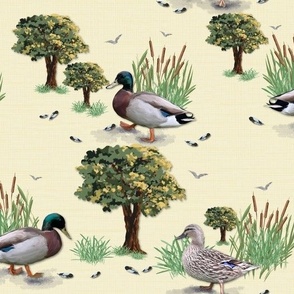 Whimsical Duckling & Meadow Design, Modern Wildlife Tablecloth Fabric, Relaxing Countryside Landscape Art Print, Peaceful Animal Throw Pillow Design, Tranquil Shower Curtain Design, Modern Farmhouse Table Runners on Cream Vanilla and Cornsilk Yellow