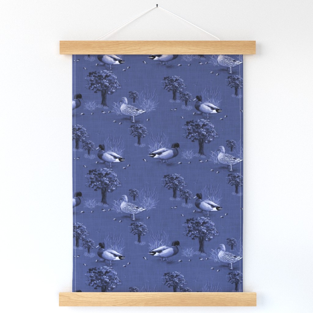 Midnight Blue Countryside Toile, Dining Room Tablecloth, Quirky Cottage Chic Guest Bathroom Décor, Eclectic Powder Room Accent Wall, Textured Blue Duck Wildlife Toile, Bulrush Cattail Grasses, Whimsical Duck Mural Wallpaper, Artistic Bird Nature Silhouett