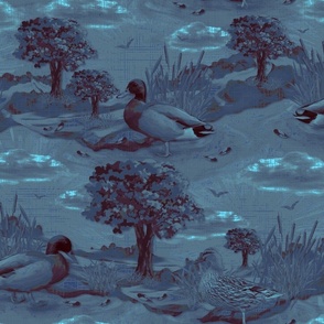Restful Countryside Retreat, Uplifting Jewel Toned Wildlife Illustration, Playful Ducklings Swimming, Peaceful Nature Landscape, Tranquil Duck Pond Ambiance, Relaxing Countryside Twilight Toile De Jouy, Dark Sapphire, Navy Blue Tones