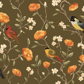 Spring birds and orange flowers on brown