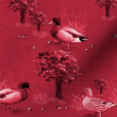 Modern Tapestry Style Wildlife with Female Duck, Textured Wildlife & Bullrush Sketch, Whimsical Duck Mural Wallpaper, Artistic Bird & Nature Line Art with Leaves, Playful Waddling Duck Family, Meadow Toile in Burgundy Red Claret Red, Perfect Cottagecore