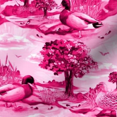 Whimsical Duckling Meadow Field Design, Modern Farmhouse Style Toile, Textured Bird Silhouette Illustration, Swaying Cattails, Painterly Flying Ducks, Oak Tree Leaves, Whimsical Bird Feathers, Pink Sky, Soaring Flying Birds Wildlife, Bright Pink Shades