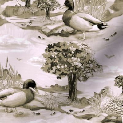 Countryside Cottage Kitchen, Chic Guest Room Décor, Relaxing Living Room Wallpaper, Powder Room Accent Wall, Calming Bedroom Throw Pillows, Sweet Nursery Wall Decal, Whimsical Duck Family, Tranquil Countryside Scene in Washed Carnation Pink