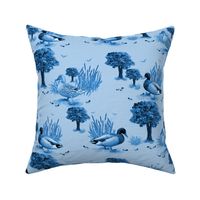 Peaceful Countryside Charm for Farmhouse Chic Decor, Relaxing Countryside Landscape Art Print, Modern Wildlife Table Runner Fabric, Peaceful Animal Throw Pillow Design, Calming Nature Artwork, Whimsical Duck Family, Tranquil Cobalt Blue Toile