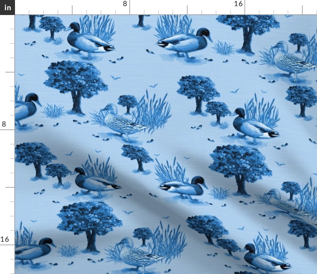 Peaceful Countryside Charm for Farmhouse Chic Decor, Relaxing Countryside Landscape Art Print, Modern Wildlife Table Runner Fabric, Peaceful Animal Throw Pillow Design, Calming Nature Artwork, Whimsical Duck Family, Tranquil Cobalt Blue Toile