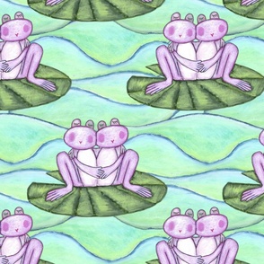 Purple Frogs, Green Lily Pads on Soft Pastel Mint Green Wavy Background