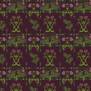M. Acanthus leaves & Carnations on a fence in deep Plum; 6.7 inch repeat