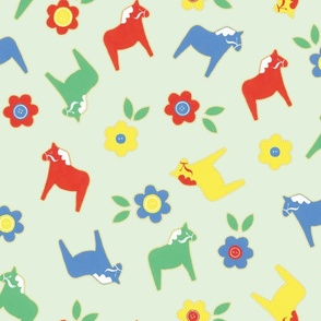 Large Hand painted Gouache Dala Horses and Flowers with Pastel Green Background in Ditsy