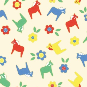 Large Hand painted Gouache Dala Horses and Flowers with Pastel Yellow Background in Ditsy