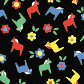 Large Hand painted Gouache Dala Horses and Flowers with Black Background in Ditsy