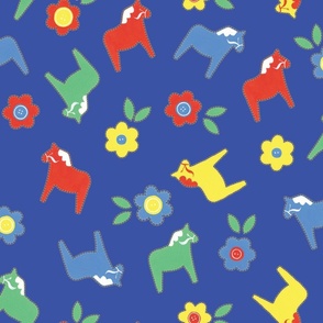 Large Hand painted Gouache Dala Horses and Flowers with Cobalt Blue Background in Ditsy