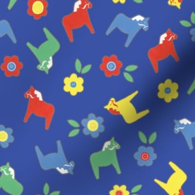 Medium Hand painted Gouache Dala Horses and Flowers with Cobalt Blue Background in Ditsy