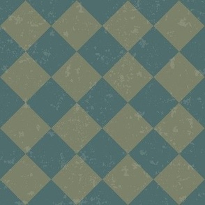 Diagonal Checkerboard with Texture in Khaki Green and Teal Blue - Small