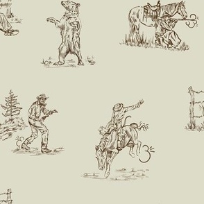 Bear Jubilee in Tanned Cream; Western, Western Toile, Cowboy, Grizzly Bear, Wyoming 