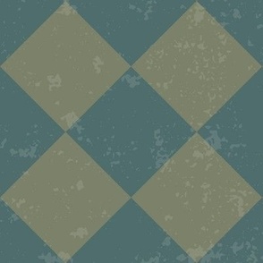 Diagonal Checkerboard with Texture in Khaki Green and Teal Blue - Medium
