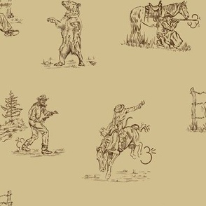 Bear Jubilee in Husk; Western Toile, Cowboy Toile, Grizzly Bear, Wyoming Pattern