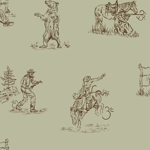 Bear Jubilee in Eucalyptus; Bucking Bronco, Western, Country Western, Cowboy Toile