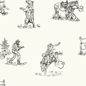 Bear Jubilee in Black and White; Cowboy, Cowgirl, Classic Western, Toile, Bucking Bronco, Grizzly Bear