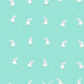 Med Ocean Breeze Hot Chips and Seagull Frenzy Island aqua turquoise blue backdrop