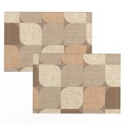 Large scale retro mod flower petal geometric in tones of  brown, peach, beige and gray with a linen texture.