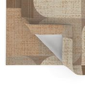 Large scale retro mod flower petal geometric in tones of  brown, peach, beige and gray with a linen texture.