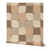 Large scale retro mod flower petal geometric in tones of  brown, peach, beige and gray with a linen texture.