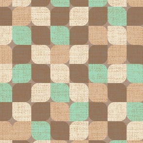 Small scale retro mod flower petal geometric in tones of  brown, peach, beige and celadon green  with a linen texture.