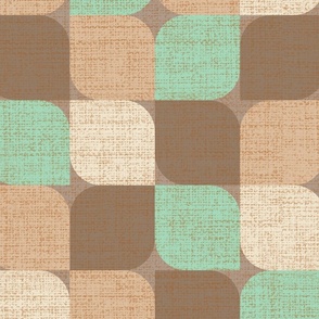 Large scale retro mod flower petal geometric in tones of  brown, peach, beige and celadon green  with a linen texture .