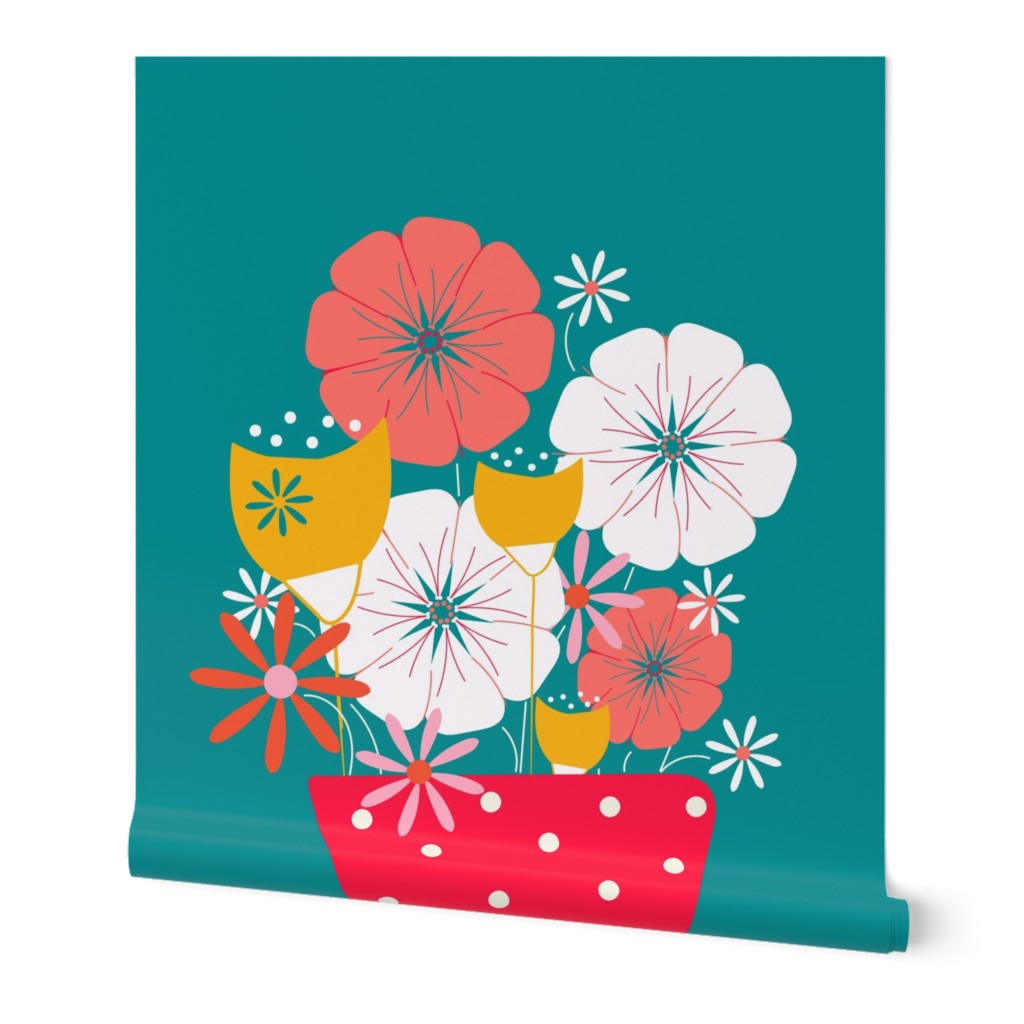 Retro Floral Fun - Vase Of Flowers On Teal.