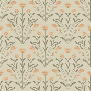 Vintage Inspired Five Petals Flowers and Elongated Leaves in Damask style pattern green orange yellow ( medium scale )