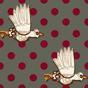 flying geese polka dots dark red on laurel green