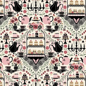 A fancy afternoon tea treat - sandwiches, scones, cakes, tea and coffee, with flowers served under a chandelier - black, pink, red and green on cream - large