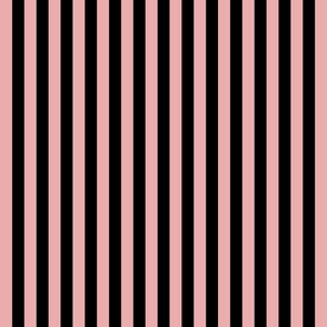A fancy afternoon tea treat - pretty warm mid-pink and black stripes - 2/3 inch stripes