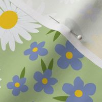 May blooms: spring pattern adorned by daisies, dandelions and forget-me-nots L