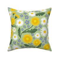 May blooms: spring pattern adorned by daisies, dandelions and forget-me-nots L