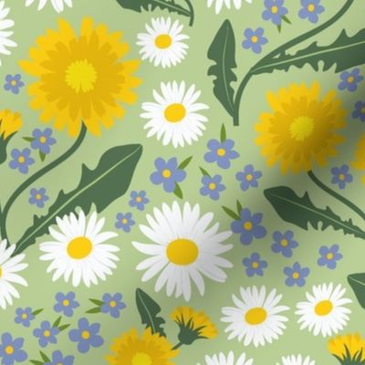 May blooms: spring pattern adorned by daisies, dandelions and forget-me-nots M