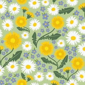 May blooms: spring pattern adorned by daisies, dandelions and forget-me-nots M