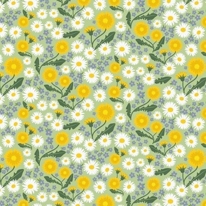 May blooms: spring pattern adorned by daisies, dandelions and forget-me-nots S