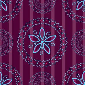 turquoise flowers bordered with wavy lines on a purple stripe background (medium)