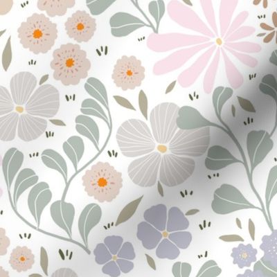 (M)-Vintage-Modern Retro- Wildflower Garden-Neutral-Pink-Green-Brown-White