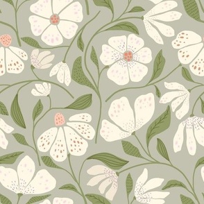 (M)-Romantic Vintage Floral- Wild  Daisy- Modern Retro Flowers-Cottagecore-Green-White-Gray