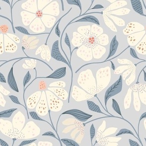 (M)-Romantic Vintage Floral- Wild  Daisy- Modern Retro Flowers-Cottagecore-Neutral Blue-Gray-White
