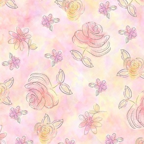 Summer/Spring: Medium soft floral pattern in pink, lavender and soft yellow palette of roses and daisies on multicolored background and sliver details on petals by Mona Lisa Tello