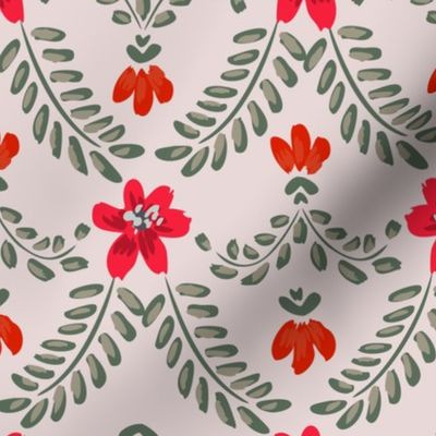 Decorative floral leaves  -  cream, sage green, red, maroon , grey // Big scale